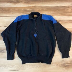 Eddie Bauer Sweater Mens Large Wool 1/4 Zip Mock Neck Black Blue Vintage